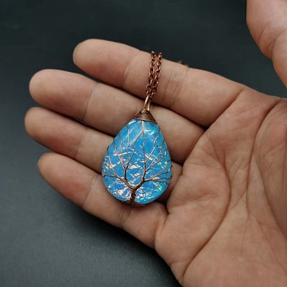 Teardrop with Tree Resin Pendant Necklace, Copper Wire Wrapped Necklace