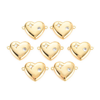 Rack Plating Brass Micro Pave Clear Cubic Zirconia Connector Charms, Nickel Free, Heart