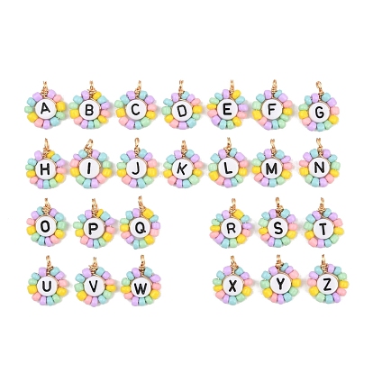 26 шт. подвески из стекла и акрила, цветок с буквой, с медной проволокой