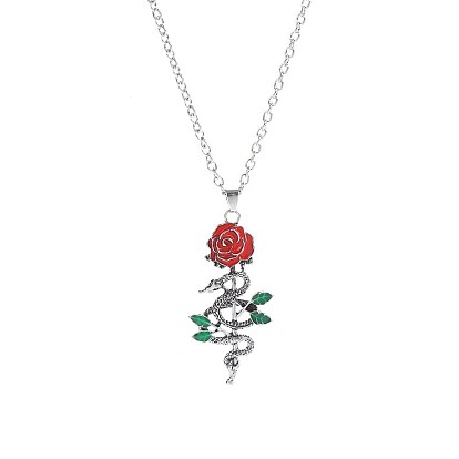 Gothic Alloy Enamel Red Rose Flower with Snake Pendant Necklaces for Women