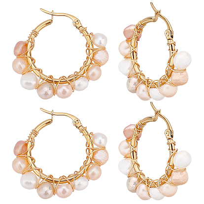 4 Pairs Vintage Natural Pearl Braided Hoop Earrings for Girl Women, 304 Stainless Steel Wire Wrap Earrings