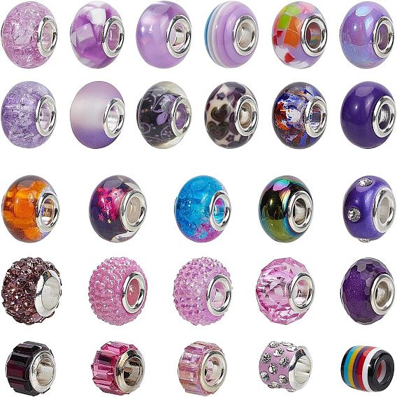 Европейские бусины из акрила, смолы и полимерной глины со стразами, бусины с большим отверстием, с основной цвет серебристый, рондель