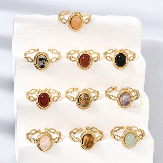 304 Stainless Steel Cuff Open Rings for Women, Oval, with Gemstone, Ion Plating(IP), Golden