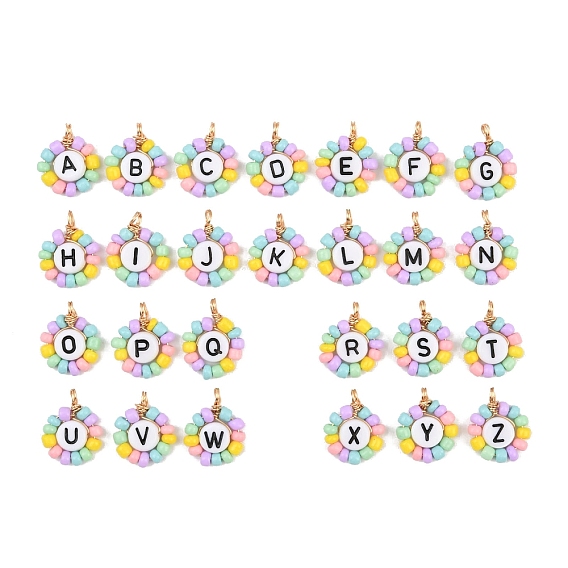 26 шт. подвески из стекла и акрила, цветок с буквой, с медной проволокой