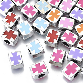 UV Plating Acrylic European Beads, with Enamel, Large Hole Beads, Mixed Color, Rectangle with Cross