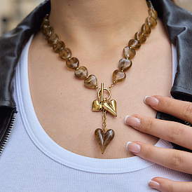 304 Colliers pendentifs cœur en acier inoxydable et résine pour femmes avec fermoirs OT, or
