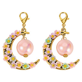 2шт. акриловые и смоляные искусственные жемчужины и сплавные подвесные украшения, луна с цветком, Сплав с застежками когтя омара