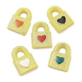 Rack Plating Brass Enamel Pendants, Long-Lasting Plated, Lead Free & Cadmium Free, Padlock with Heart Charms, Real 18K Gold Plated