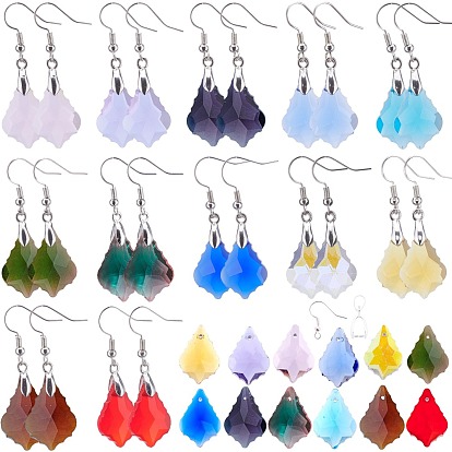 DIY Dangle Earring Making, with Brass Earring Hooks & Ice Pick Pinch Bails, Faceted Glass Pendants, Leaf