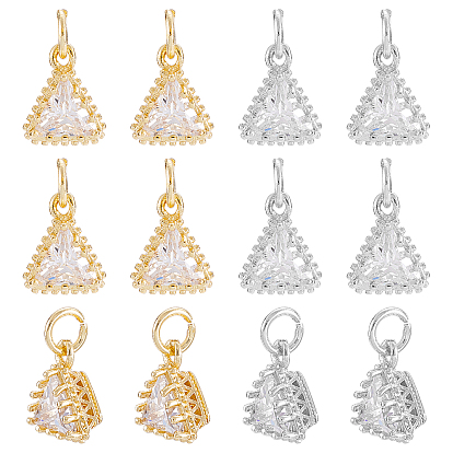 12Pcs 2 Colors Brass Clear Cubic Zirconia Pendants, Long-Lasting Plated, Triangle