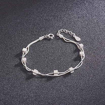 SHEGRACE Sparkling Platinum Plated 925 Sterling Silver Double Layered Bracelet, with Wiredrawing Cube Beads, 160mm