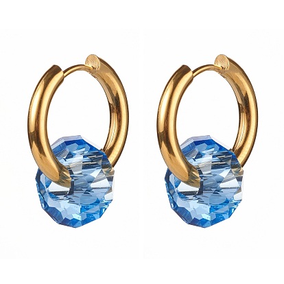 304 Stainless Steel Huggie Hoop Earrings, with Glass European Beads, Faceted, Rondelle, Golden