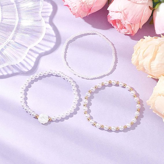 3 шт. 3 стили АБС-пластиковые искусственные жемчужные бусины и ракушечные бусины эластичные браслеты для женщин, со стеклянными бисеринами