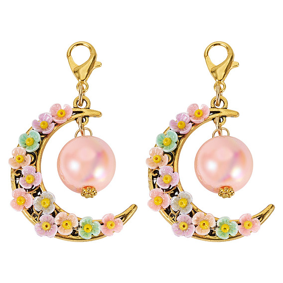 2шт. акриловые и смоляные искусственные жемчужины и сплавные подвесные украшения, луна с цветком, Сплав с застежками когтя омара