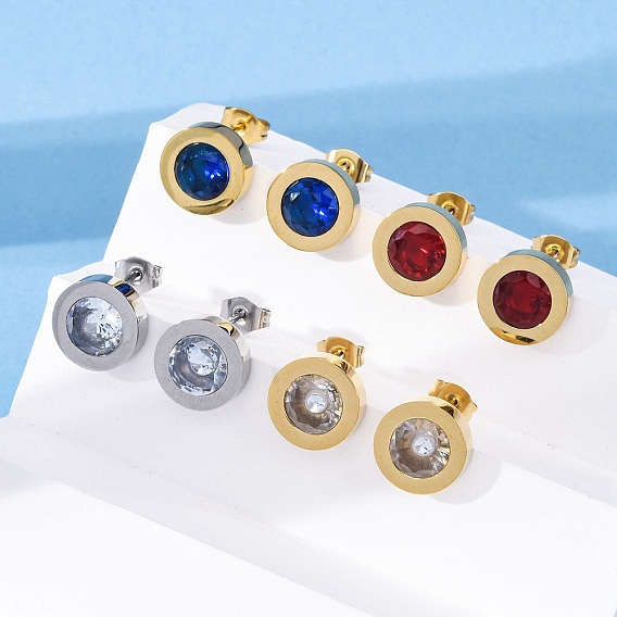 304 плоские круглые серьги-гвоздики из нержавеющей стали, с микро проложить кубического циркония, вакуумное покрытие pvd