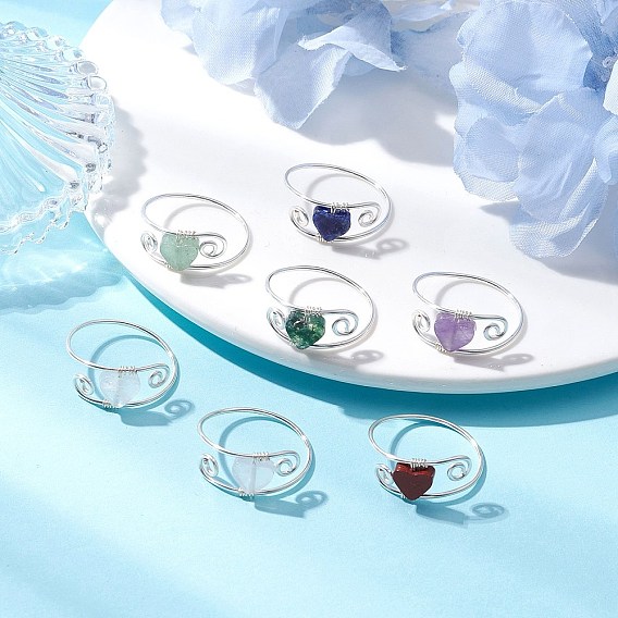 7Кольца из натурального содалита, розового кварца, кварцевого кристалла, индийского агата, аметиста, зеленого авантюрина и красной яшмы, обернутые медной проволокой, сердце