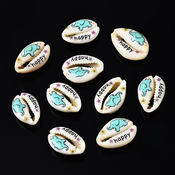 Printed Natural Cowrie Shell Beads, No Hole, Elephant Pattern & Word Happy
