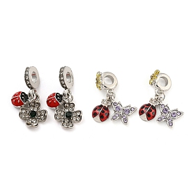 Rack Plating Alloy Enamel Ladybird with Flower/Butterfly European Dangle Charms, Large Hole Pendants, Platinum, with Rhinestone, Cadmium Free & Nickel Free & Lead Free