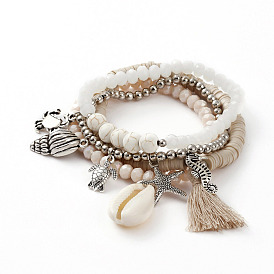 4 pcs bracelets extensibles, avec des perles heishi en pâte polymère, perles de cauris, Des billes de verre, perles de turquoise synthétiques et pendentifs en alliage