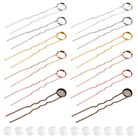 DIY Hair Fork Kits, Including Iron Hair Fork Findings, U-Shape, Flat Round Brass Cabochon Settings, Transparent Glass Cabochons