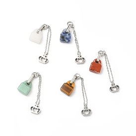 Natural Gemstone Pendants, Lock Charm, with Stainless Steel Color Plated 304 Stainless Steel Crown Findings