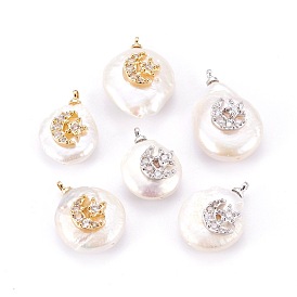 Подвески из натурального пресноводного жемчуга, с латунным микро проложить кубического циркония, долговечный, Плоский круглый с луной и звездой