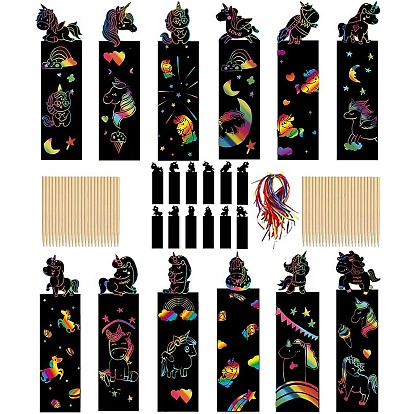 Dinosaur/Horse/Butterfly Scratch Rainbow Painting Art Paper, DIY Animal Bookmark, with Paper Card, Wood Sticks