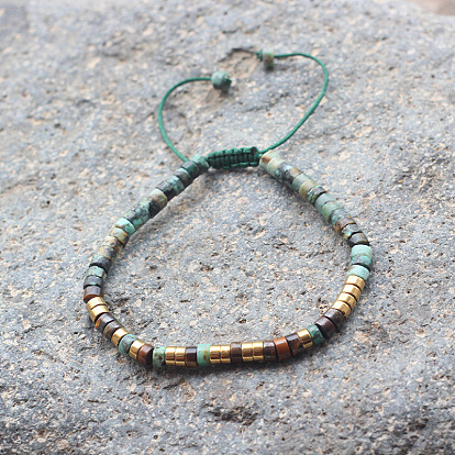 Pulseras trenzadas ajustables con turquesa africana natural (jaspe) y cuentas heishi de ojo de tigre., con tarjetas de presentación de papel