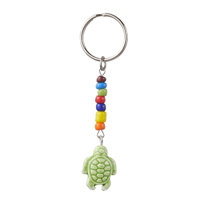 Handmade Procelain Keychain, with Glass Seed Bead and Iron Split Key Rings, Tortoise