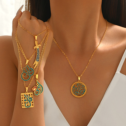 Colliers pendentifs en alliage émaillé avec calligraphie arabe islamique, réel 18 k plaqué or