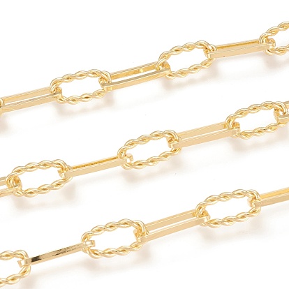 Brass Handmade Paperclip Chains, Drawn Elongated Cable Chains, Cadmium Free & Lead Free, with Spool, Long-Lasting Plated, Unwelded