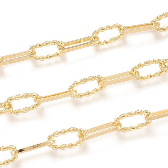 Brass Handmade Paperclip Chains, Drawn Elongated Cable Chains, Cadmium Free & Lead Free, with Spool, Long-Lasting Plated, Unwelded