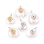 Подвески из натурального пресноводного жемчуга, с латунным микро проложить кубического циркония, долговечный, Плоский круглый с луной и звездой