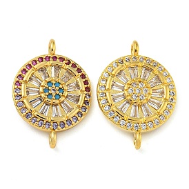 Rack Plating Brass Pave Cubic Zirconia Wheel Connector Charms, Real 18K Gold Plated, Lead Free & Cadmium Free, Long-Lasting Plated