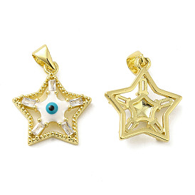 Rack Plating Brass Micro Pave Clear Cubic Zirconia Pendants, with Enamel, Long-Lasting Plated, Cadmium Free & Lead Free, Star with Evil Eye Charm