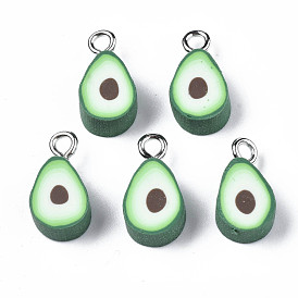Imitation Fruit Handmade Polymer Clay Charms, with Platinum Plated Iron Loop, Avocado