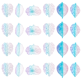 24 шт. 6 стили латунные филигранные подвески-соединители, окрашенные распылением, градиентный цвет ссылки на листья монстеры, гравированные металлические украшения