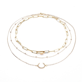 Double Layer Necklaces & Paperclip Chain Necklaces Sets, with Brass Micro Pave Cubic Zirconia Links and Brass Carabiner Lock Charm, Moon