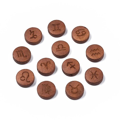 Laser Engraved Wood Beads, Flat Round with 12 Constellations, Dyed, Camel