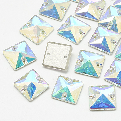 Sew on Rhinestone, K9 Glass Rhinestone, Two Holes, Garments Accessories, Random Color Back Plated, Faceted, Square