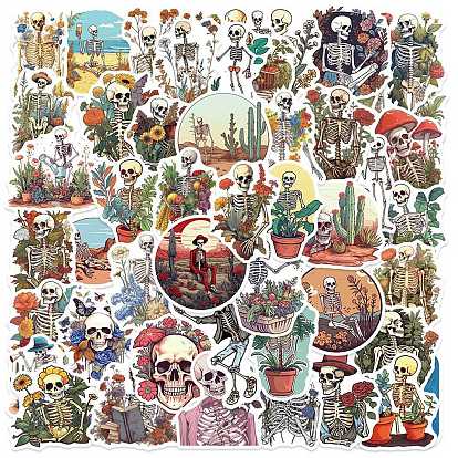 50Pcs Halloween Skull PVC Self Adhesive Cat Cartoon Stickers, Waterproof Plant Decals for Laptop, Bottle, Luggage Decor