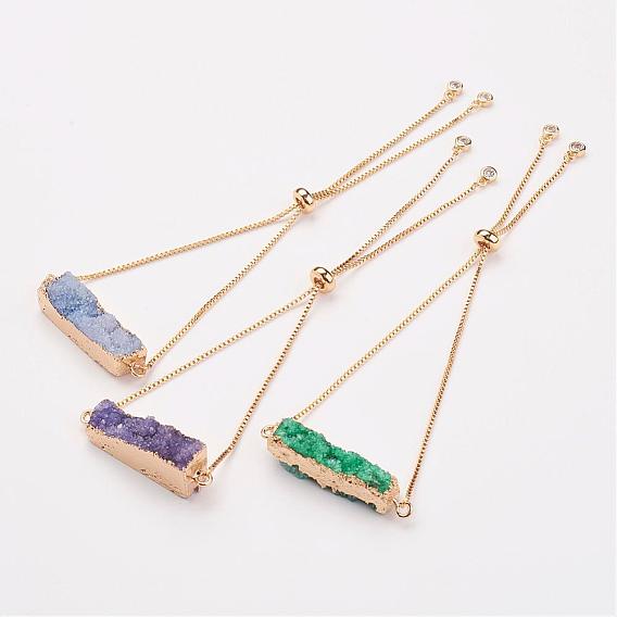 Electroplated Natural & Dyed Druzy Agate Slider Bracelets, Bolo Bracelets, Rectangle, with Brass Chain