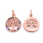 Brass Micro Pave Cubic Zirconia Charms, with Jump Rings, Flat Round with Tree of Life, Colorful