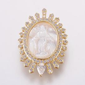 Brass Micro Pave Cubic Zirconia Pendants, with Shell, Long-Lasting Plated, Oval, Real 18K Gold Plated