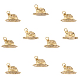 10Pcs Brass Micro Pave Cubic Zirconia Pendants, with Jump Rings, Golden, Hat
