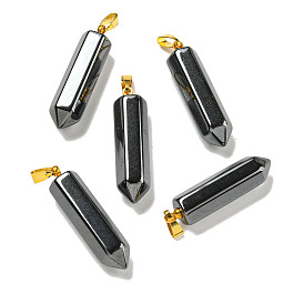 Natural Black Stone Hexagonal Prism Pointed Pendants, Faceted Bullet Charms with Golden Plated Brass Snap on Bails