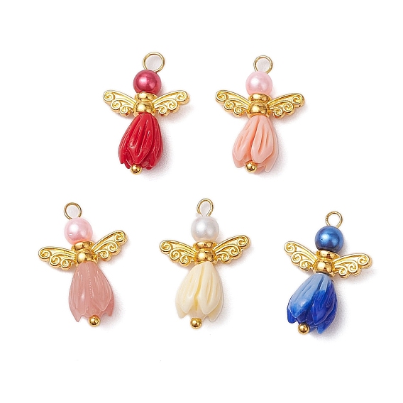 Бусины в виде цветка розы из непрозрачной смолы с круглыми бусинами из стеклянного жемчуга, бусины в виде крыльев феи из сплава в тибетском стиле и латунные подвески с круглыми головками-булавками, ангел