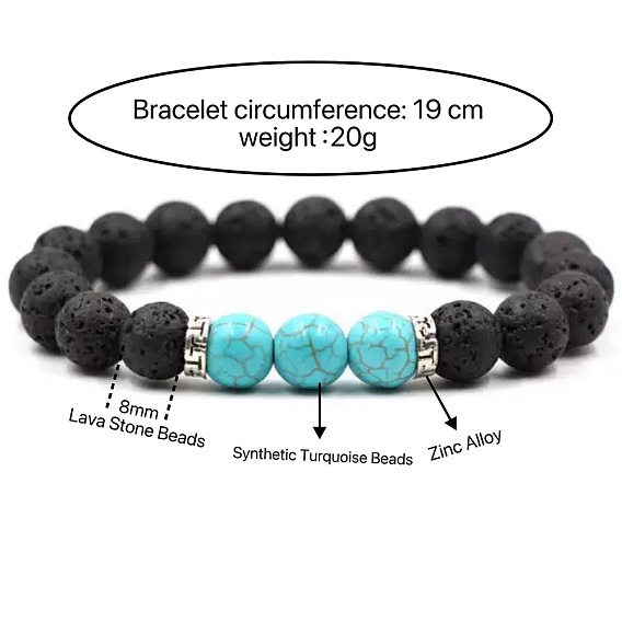 8MM Round Gemstone and Natural Lava Rock Beaded Stretch Bracelets for Couples