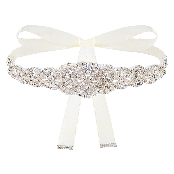 1Ceintures en polyester ornées de fleurs en strass et cristal pour robe de mariée, floral blanc