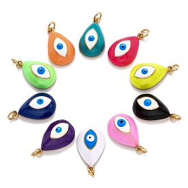 Brass Enamel Pendants, Real 18K Gold Plated, Long-Lasting Plated, Teardrop with Evil Eye